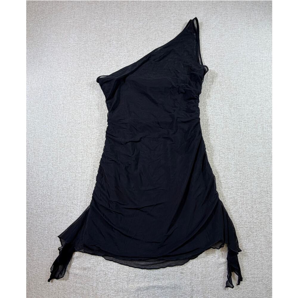 NWT Oh Polly Women 4 Black One Shoulder Ruched Mesh Bodycon Mini Party Dress